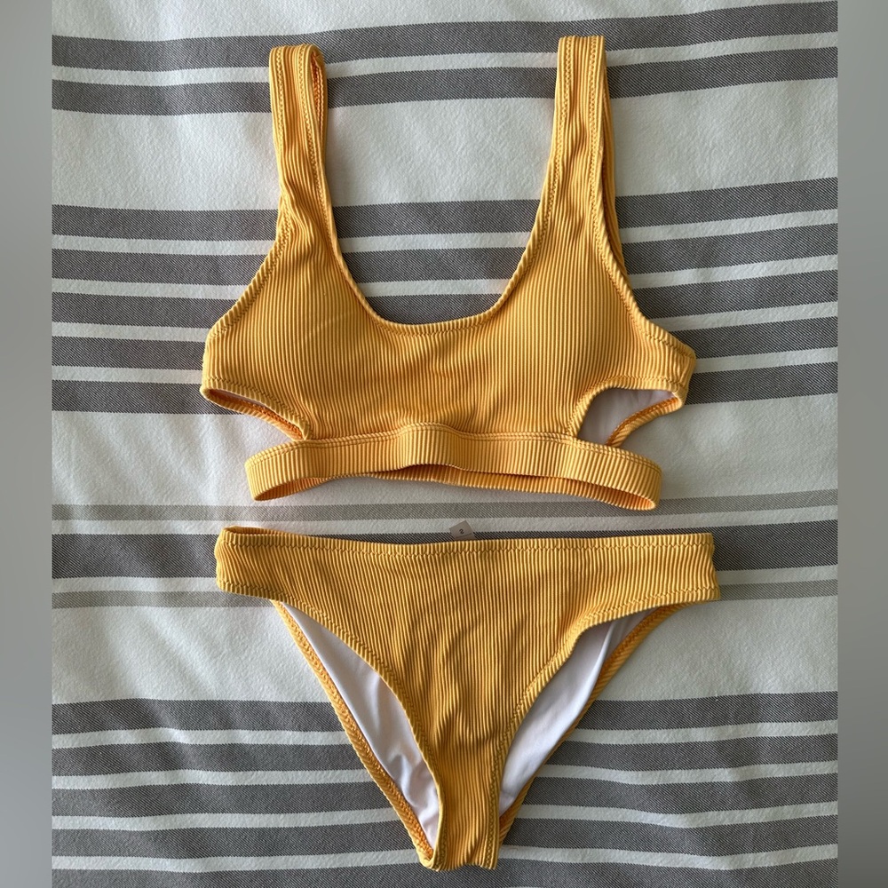 Yellow Ribbed Cupshe Bikini. Scoop neck with cutouts, cheeky bottom.  Size S.